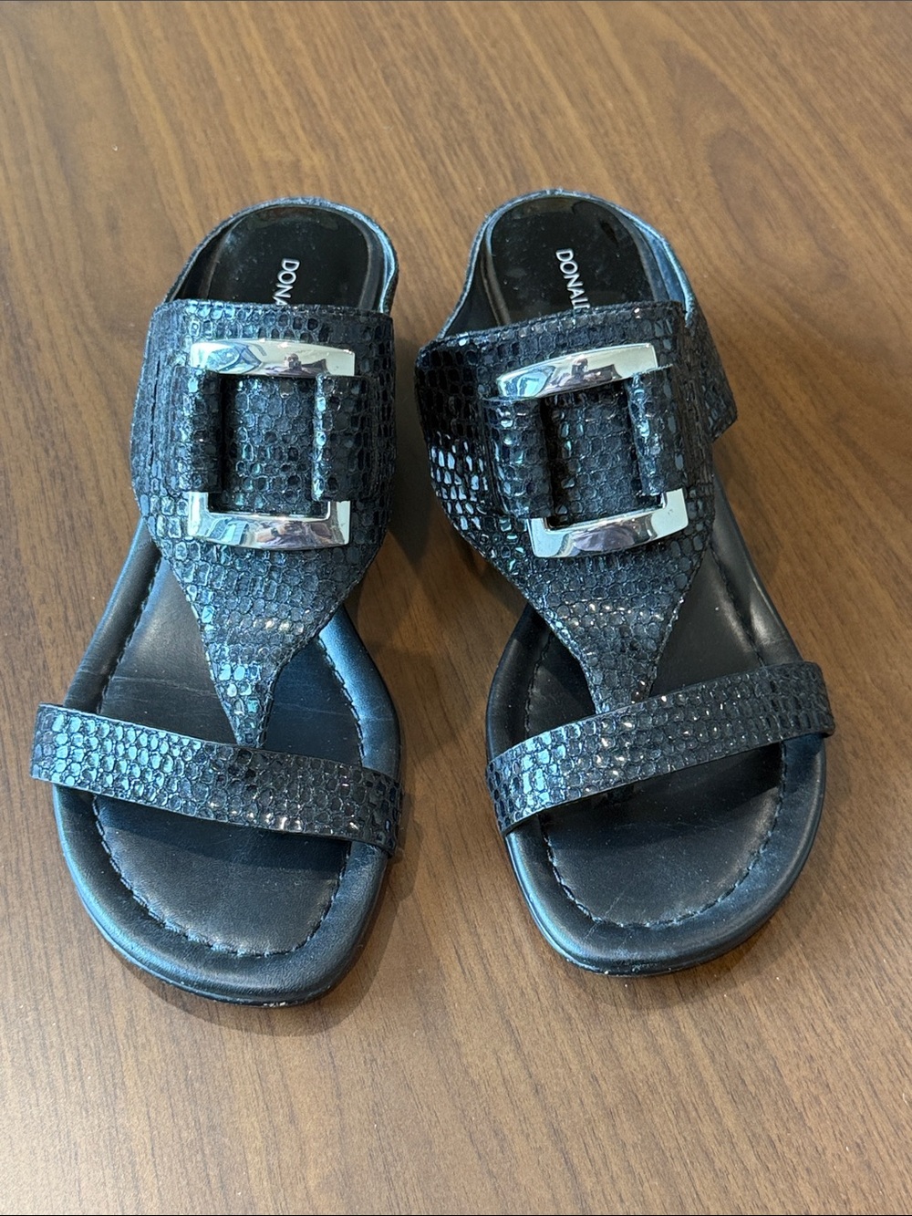 Donald J. Pliner Black Textured Buckle Slide Sandals with Metallic Accents